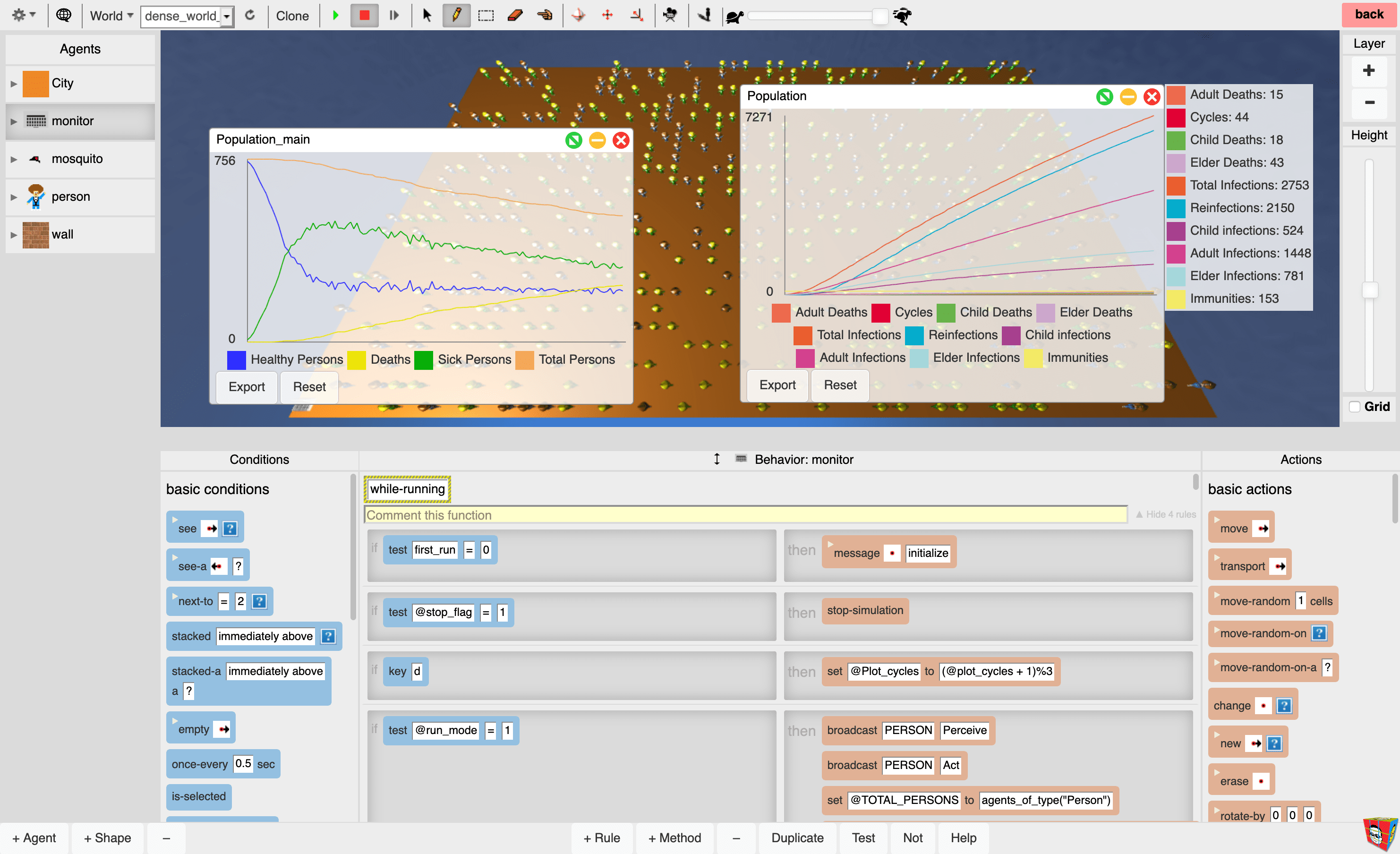 Covid-19 simulation with plot-to-window graphs.